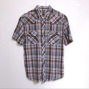 Salt Valley Western Mens Short Sleeve Pearl Snap Plaid Button-front Shirt Medium